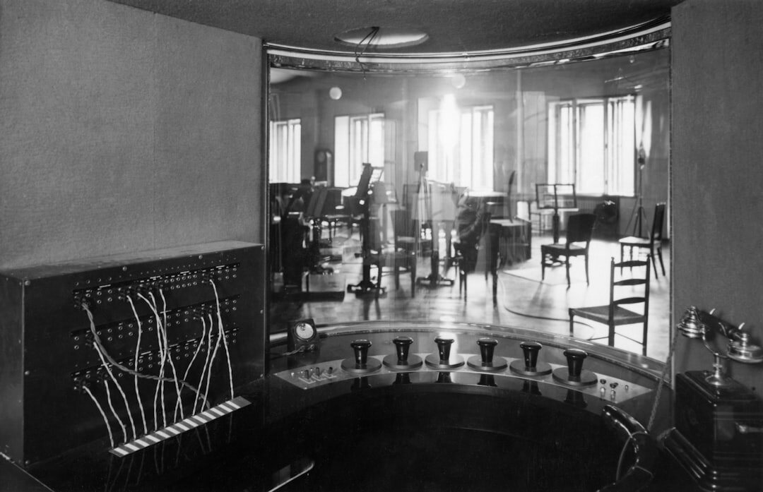 Panoramic view of a professional television control room