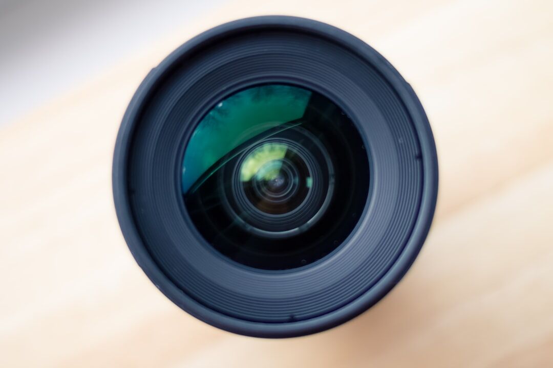 Close-up of a professional broadcast camera lens
