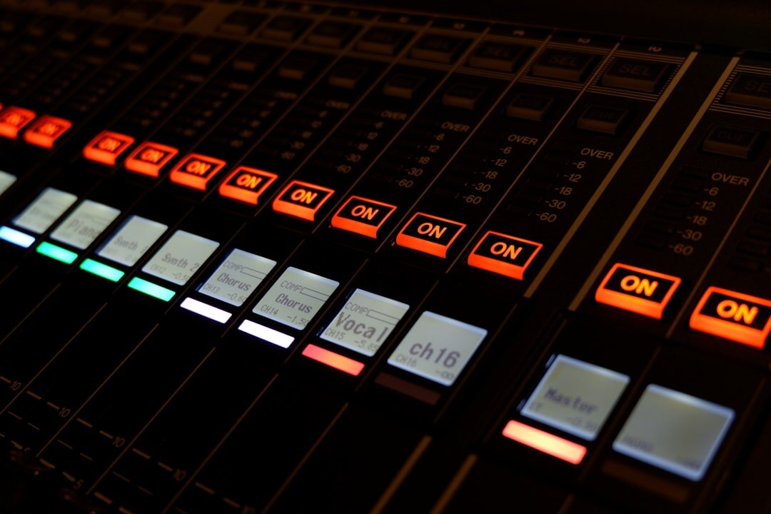 Close-up of a video switcher panel used for multi-camera production